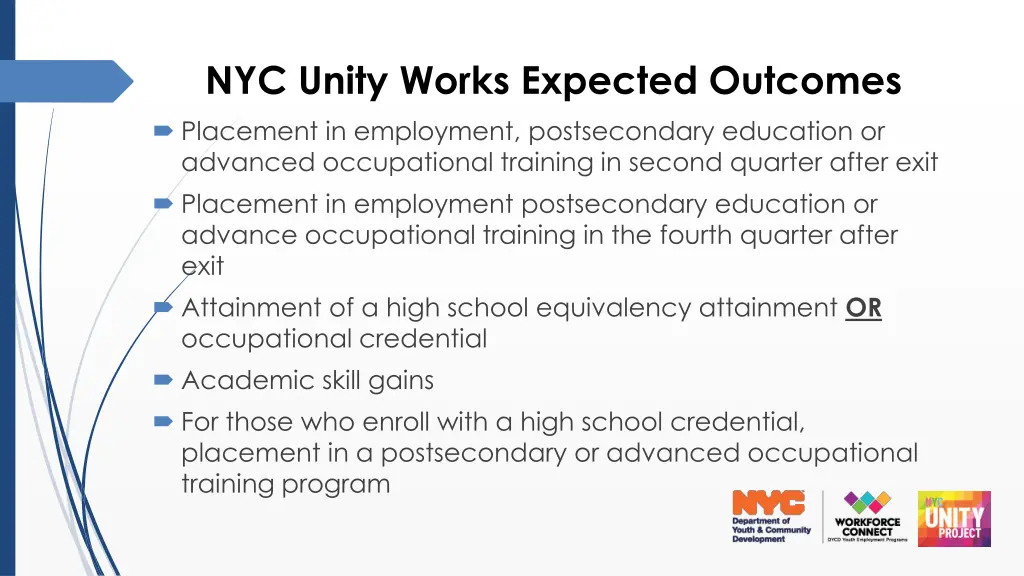 nyc unity works expected outcomes placement