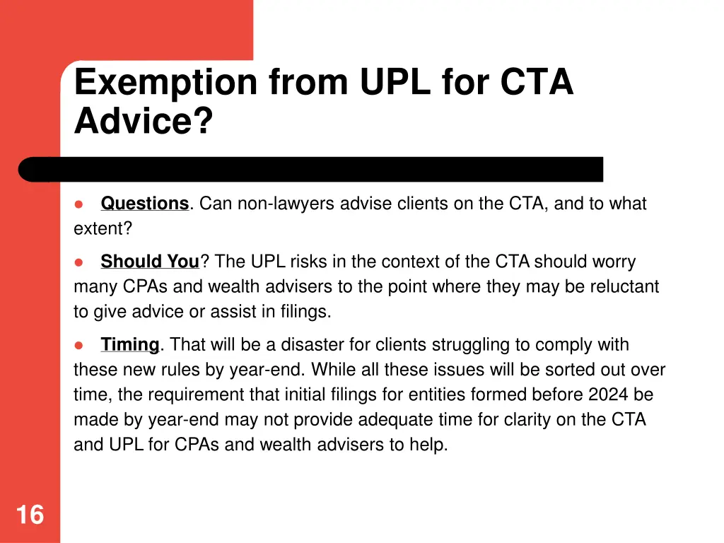 exemption from upl for cta advice
