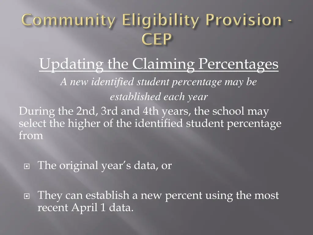 updating the claiming percentages