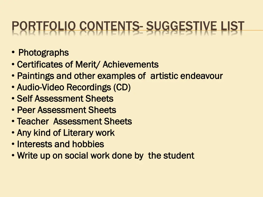 portfolio contents suggestive list