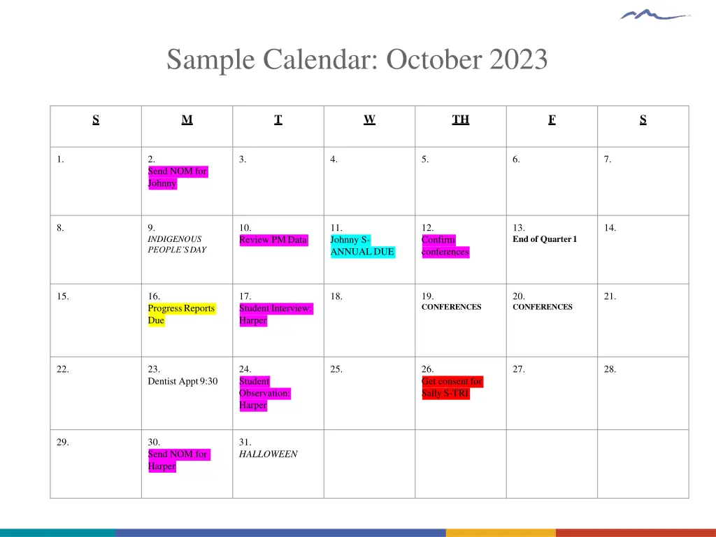 sample calendar october 2023