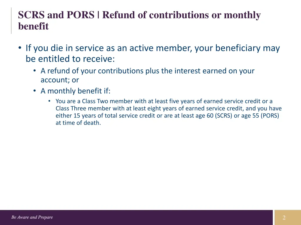 scrs and pors refund of contributions or monthly