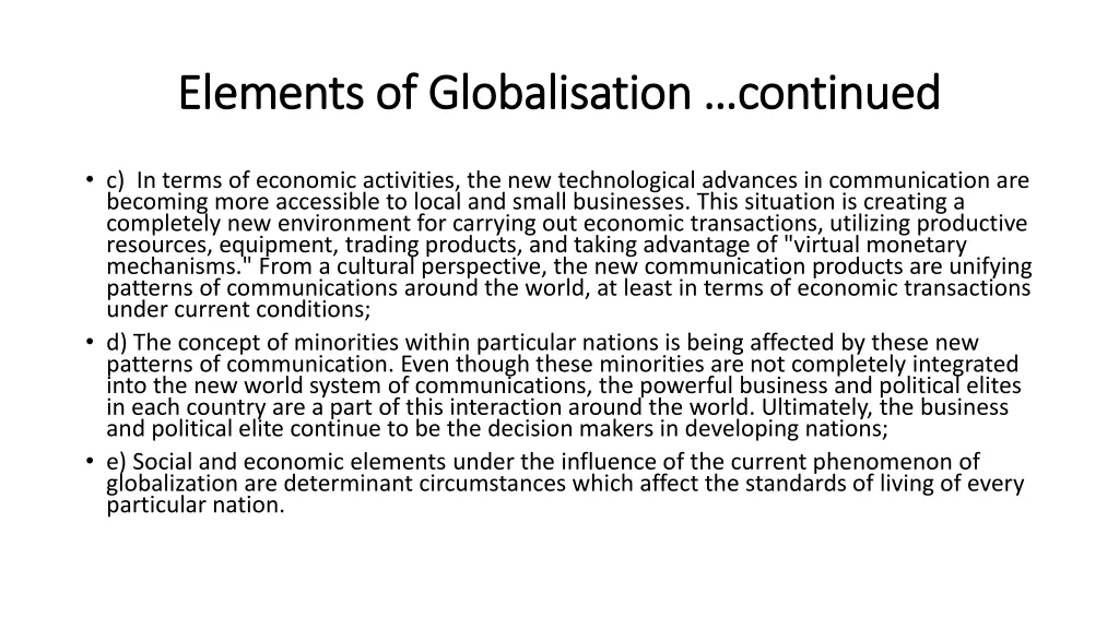 elements of globalisation continued elements
