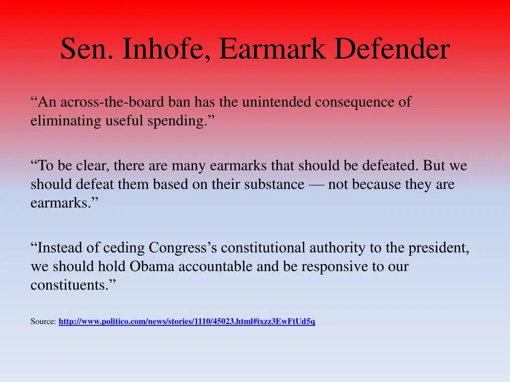 sen inhofe earmark defender