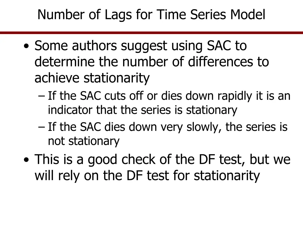 number of lags for time series model 1