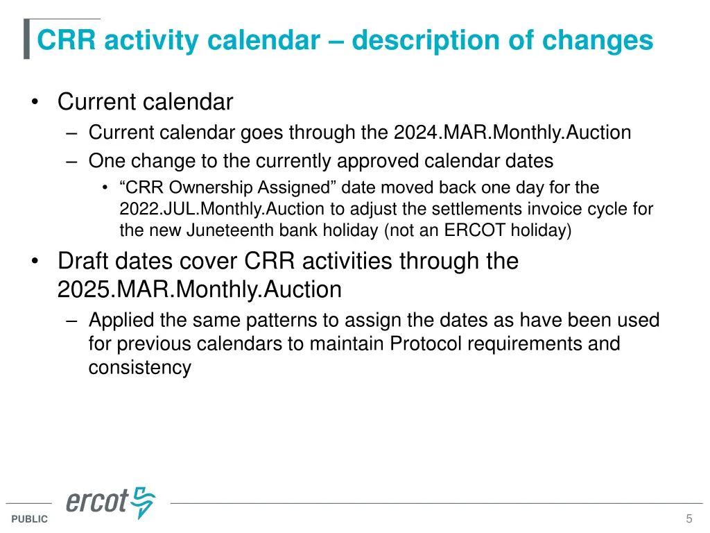 crr activity calendar description of changes