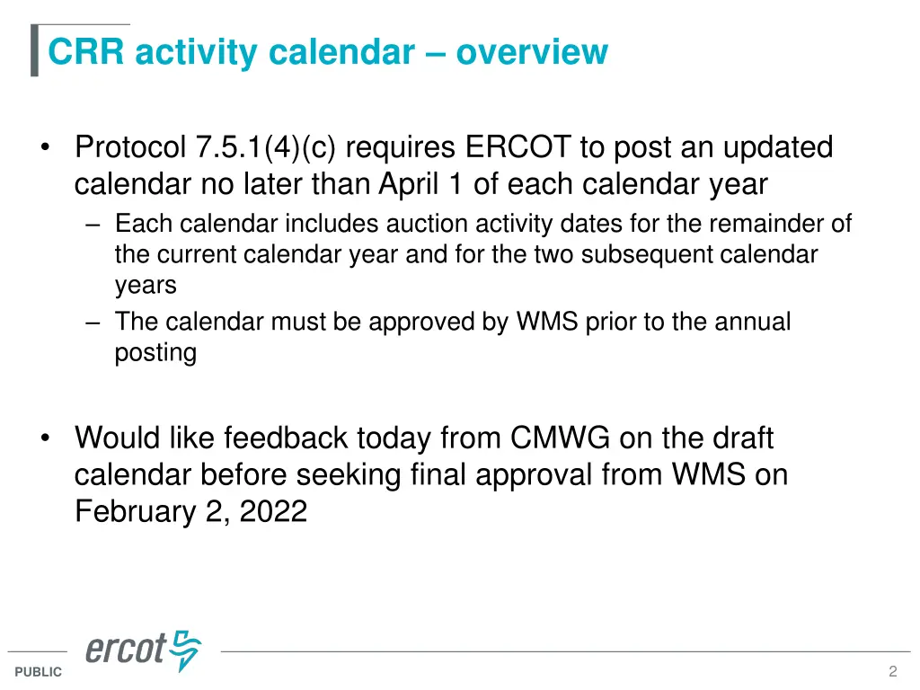 crr activity calendar overview