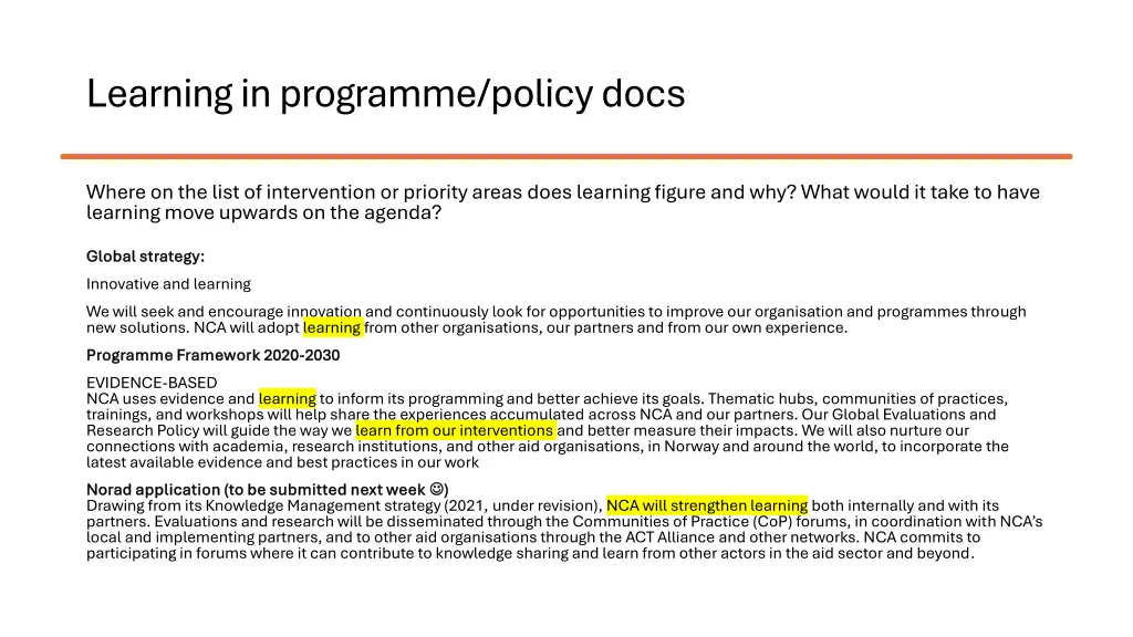 learning in programme policy docs