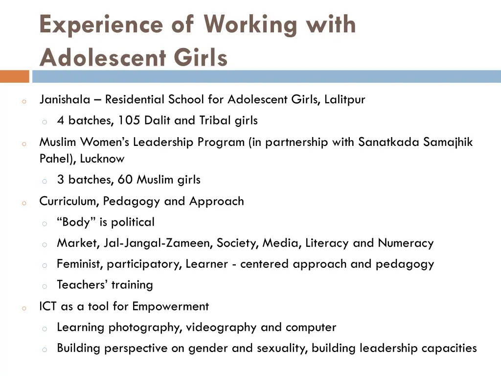 experience of working with adolescent girls