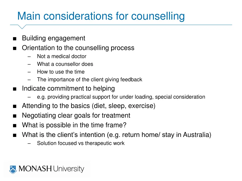main considerations for counselling