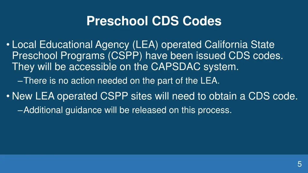 preschool cds codes