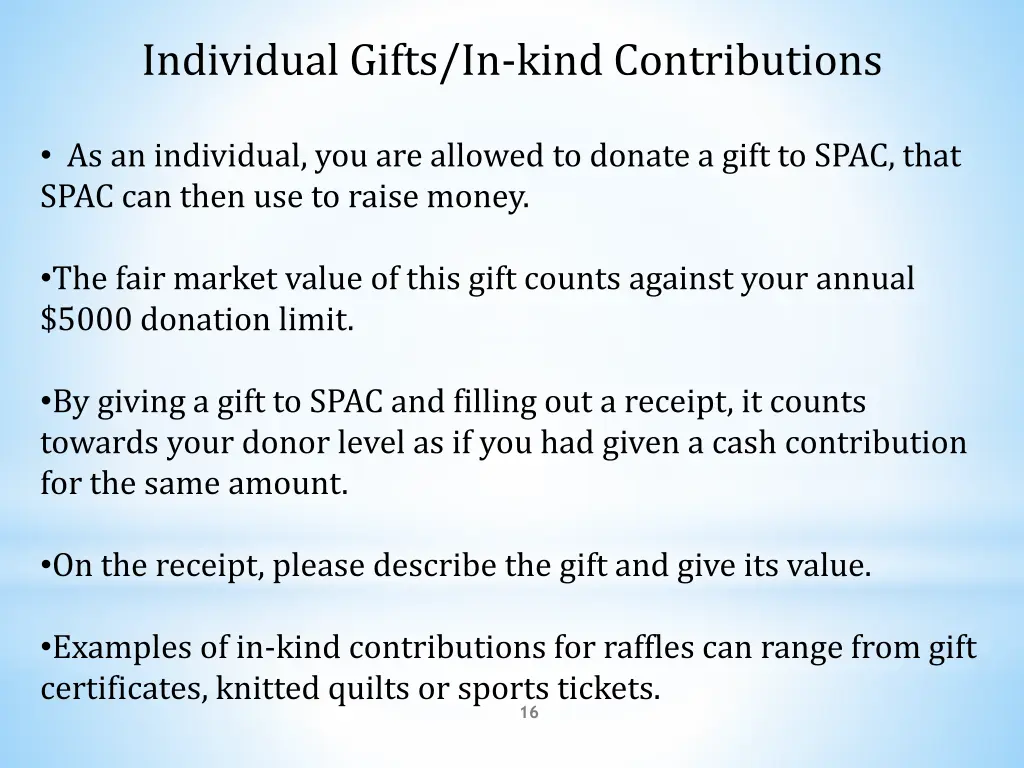 individual gifts in kind contributions