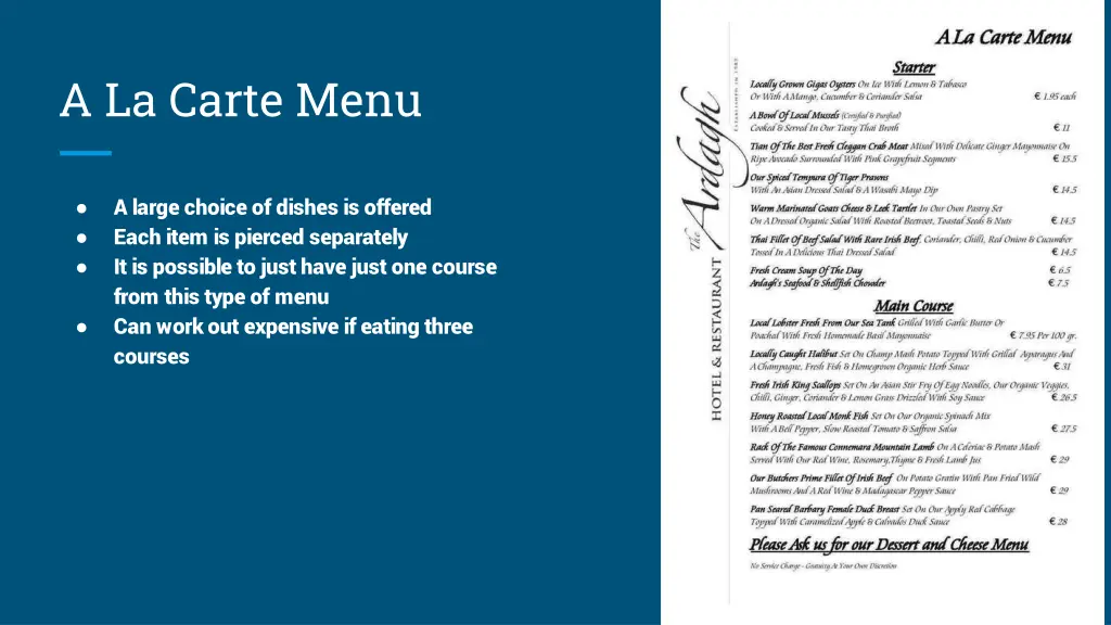 a la carte menu