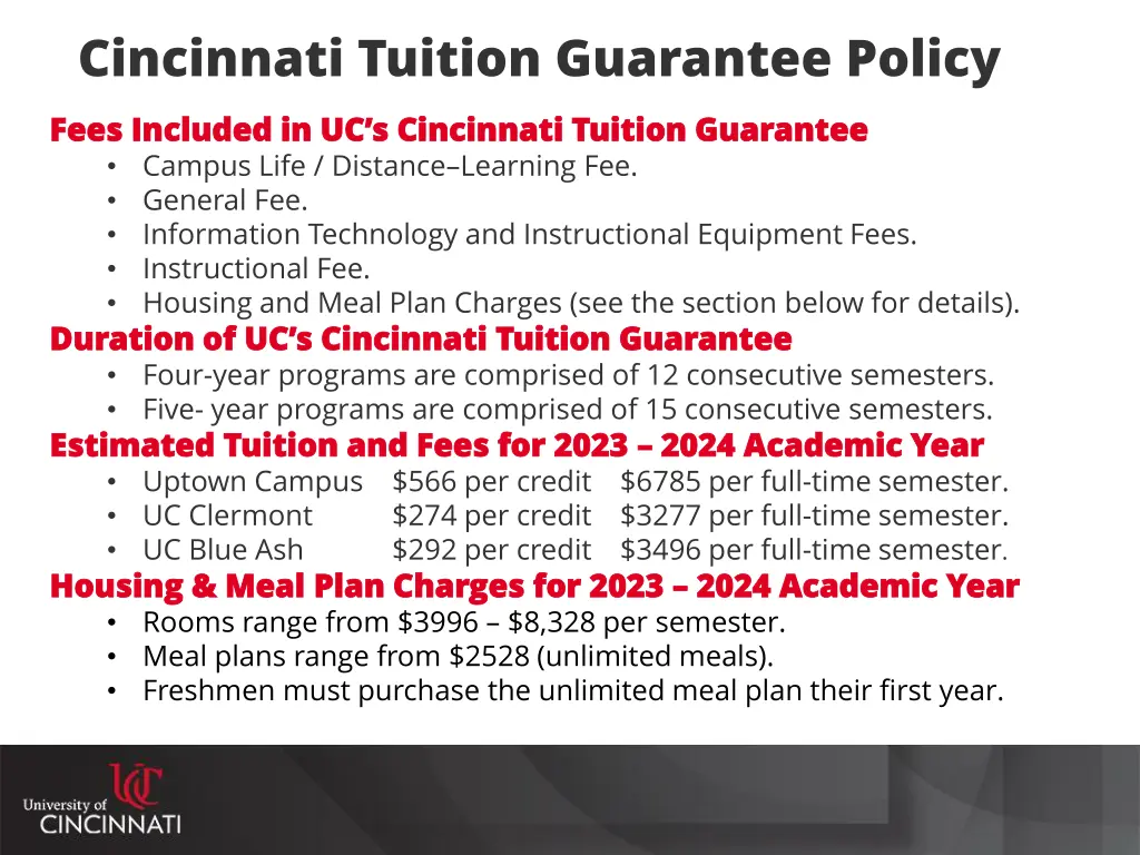 cincinnati tuition guarantee policy fees included