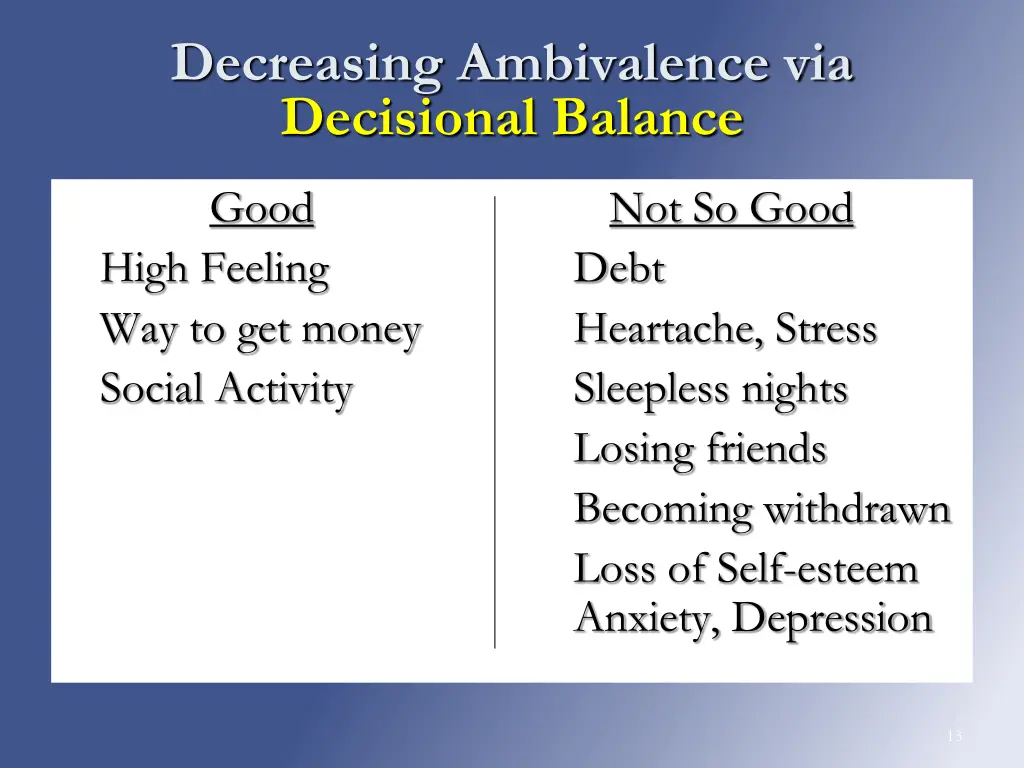 decreasing ambivalence via decisional balance