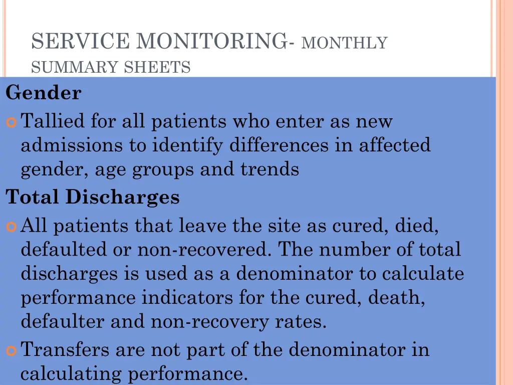 service monitoring monthly summary sheets gender