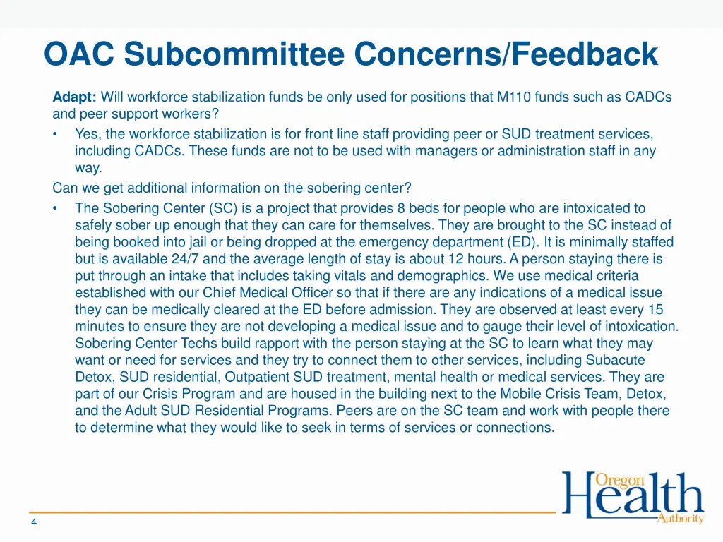 oac subcommittee concerns feedback