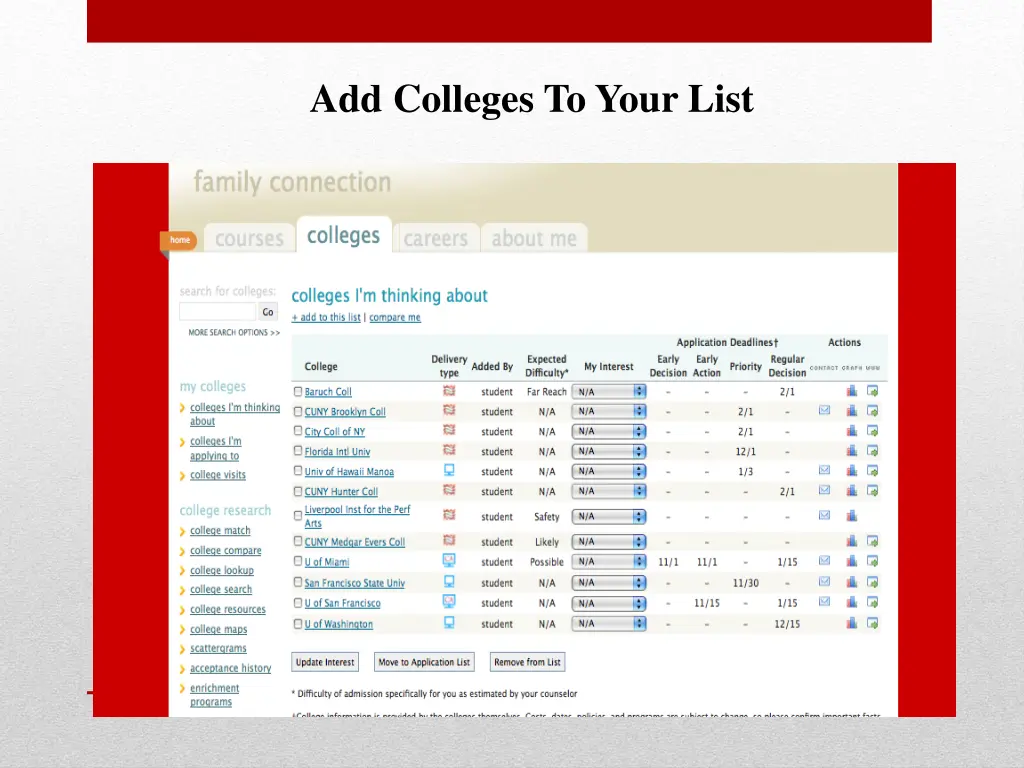 add colleges to your list