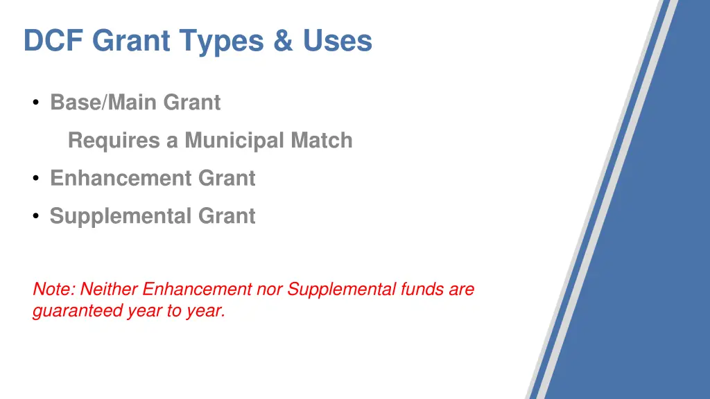 dcf grant types uses