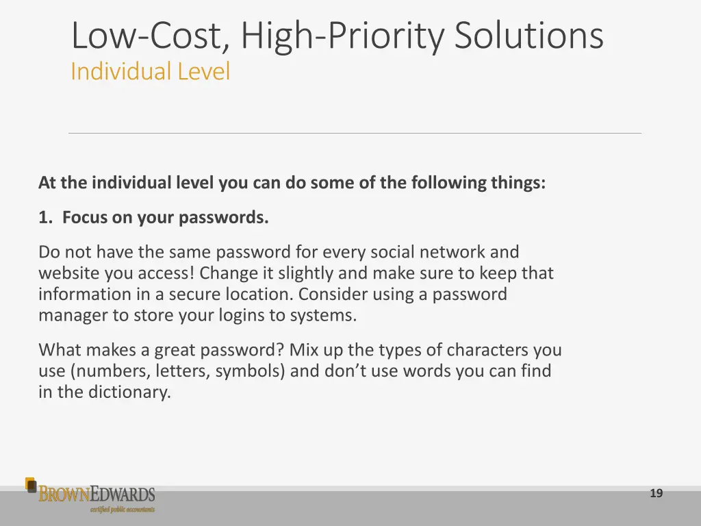 low cost high priority solutions individual level