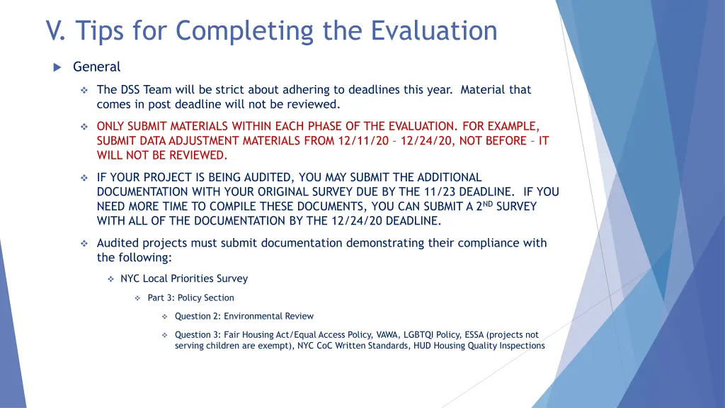 v tips for completing the evaluation