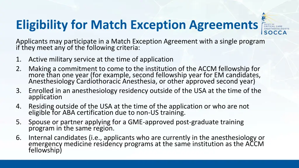 eligibility for match exception agreements
