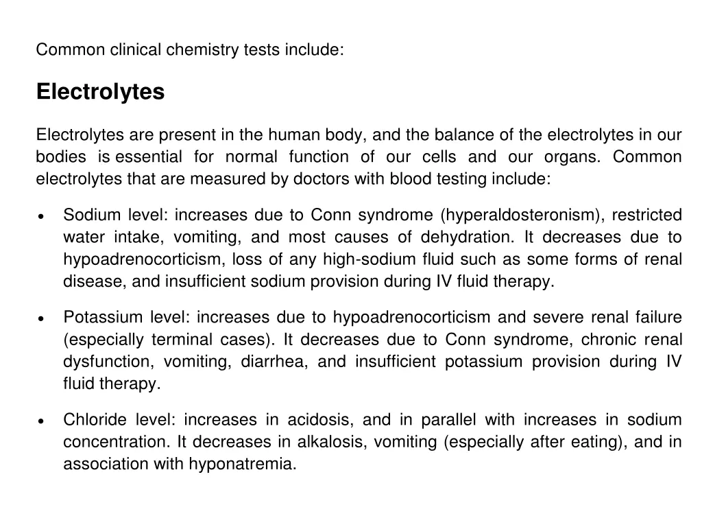 common clinical chemistry tests include