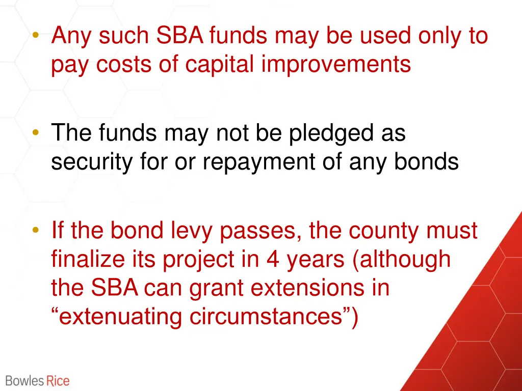 any such sba funds may be used only to pay costs