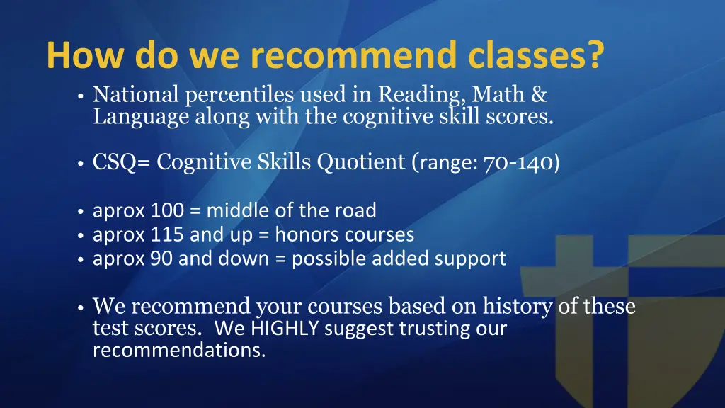 how do we recommend classes national percentiles