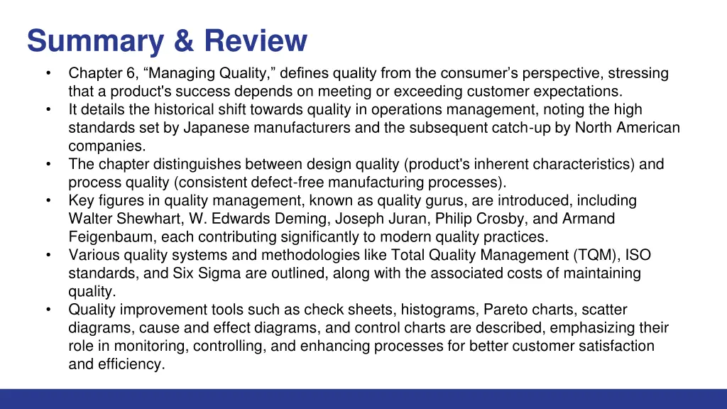 summary review chapter 6 managing quality defines