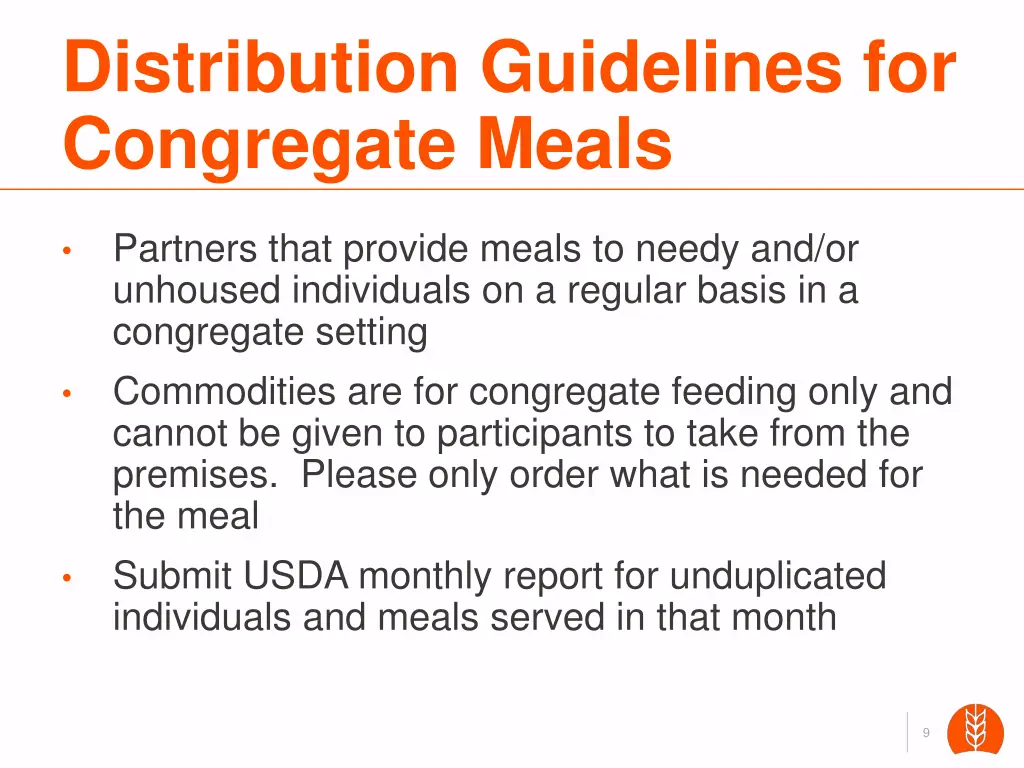 distribution guidelines for congregate meals