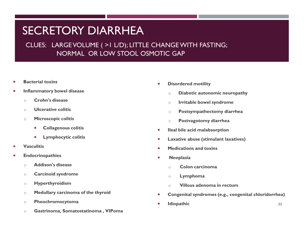 secretory diarrhea clues large volume
