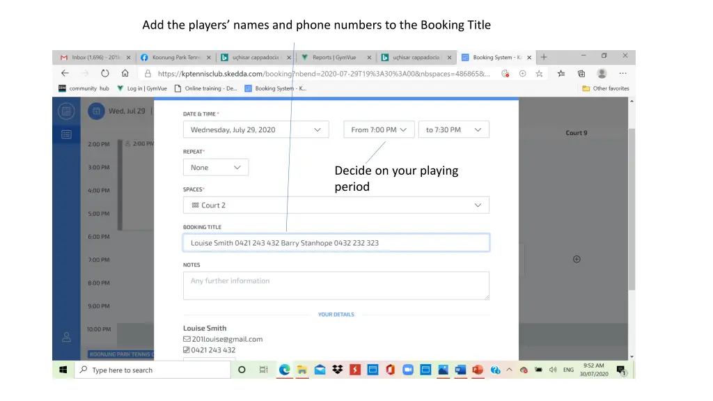 add the players names and phone numbers