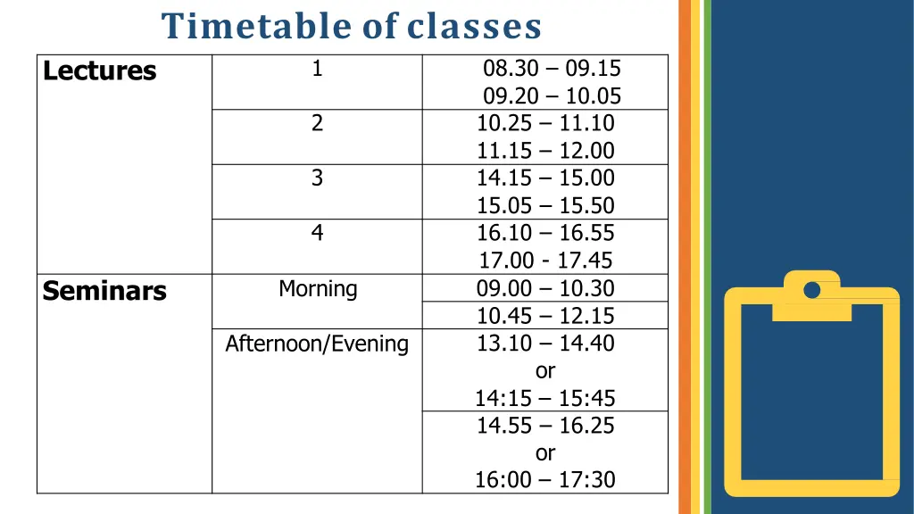 timetable of classes 1