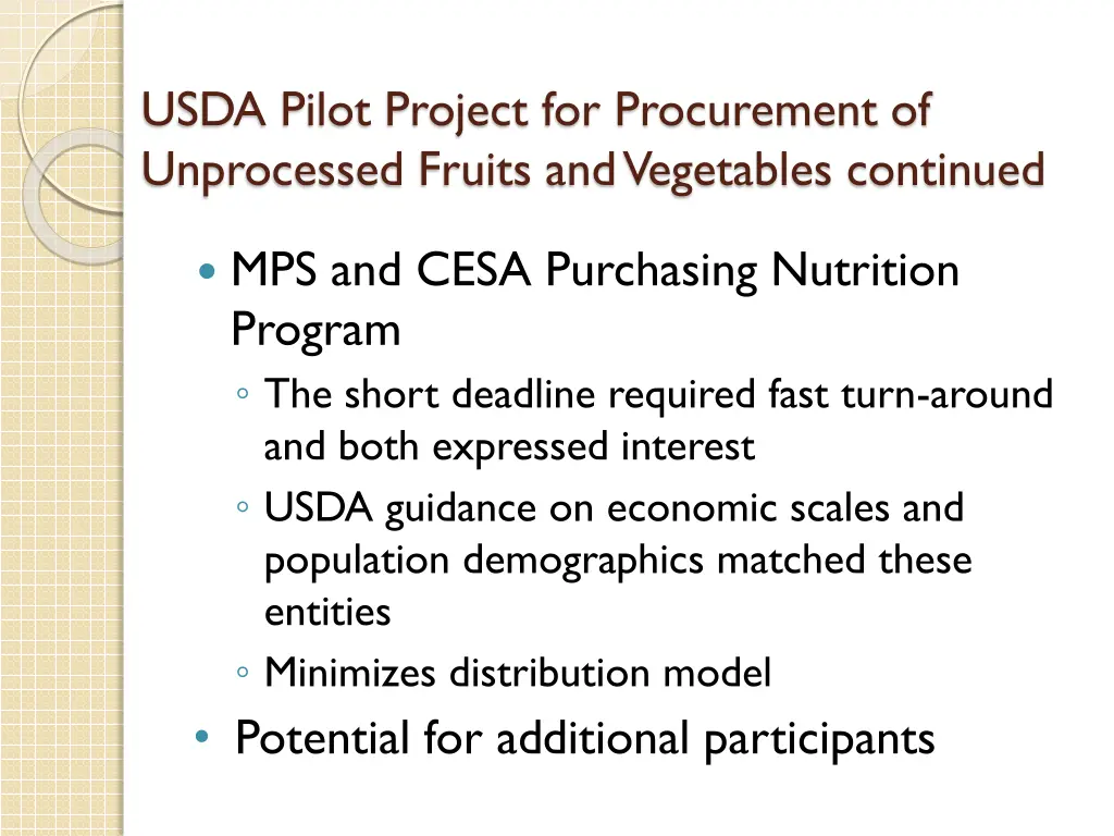 usda pilot project for procurement of unprocessed