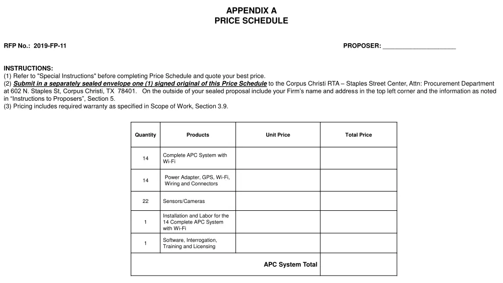 appendix a price schedule
