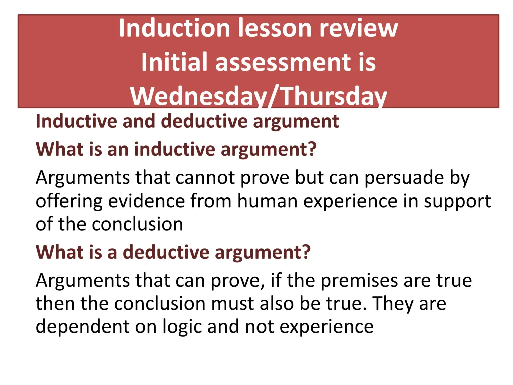 induction lesson review initial assessment