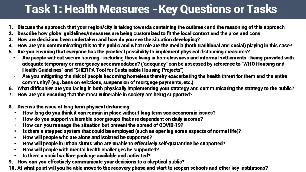 task 1 health measures key questions or tasks