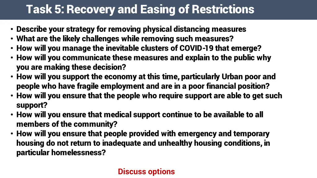 task 5 recovery and easing of restrictions