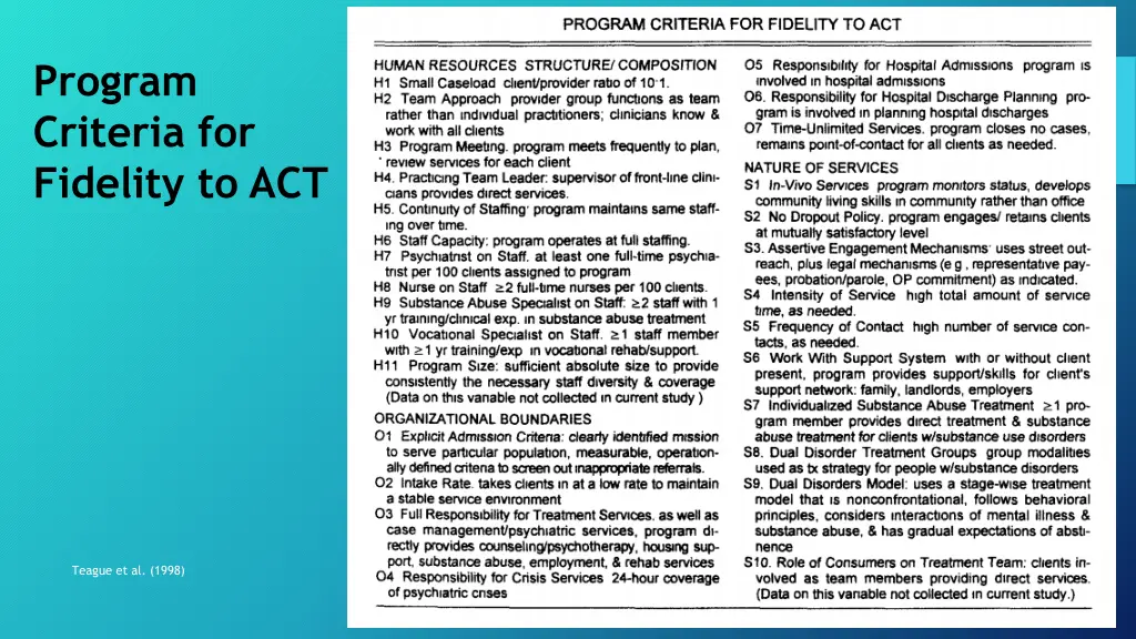 program criteria for fidelity to act