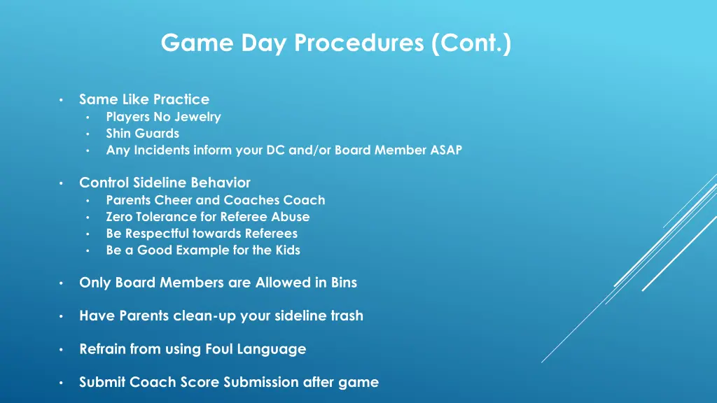game day procedures cont