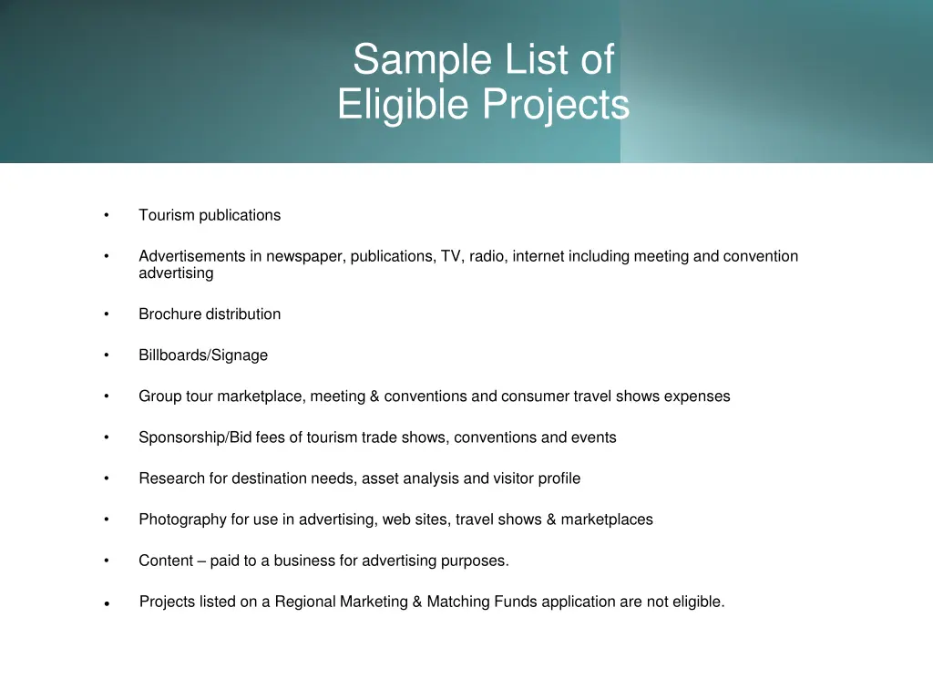 sample list of eligible projects