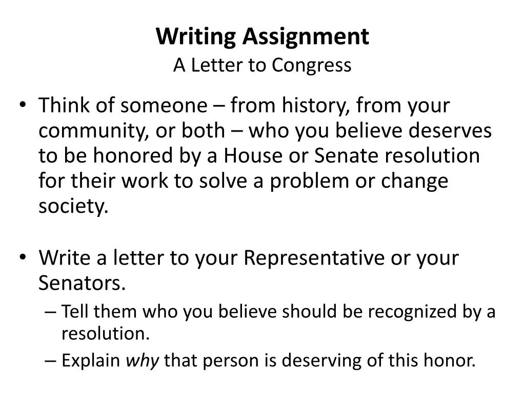 writing assignment a letter to congress
