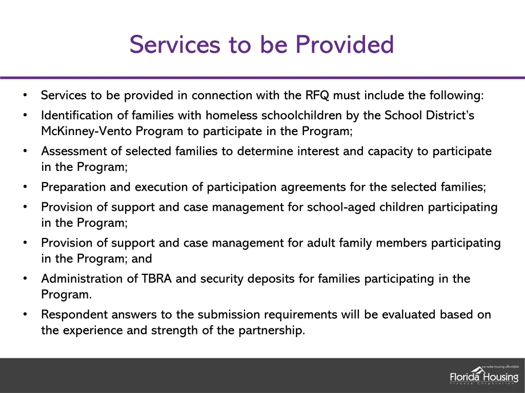 services to be provided