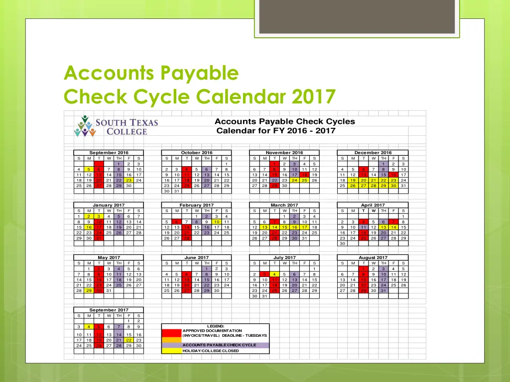 accounts payable check cycle calendar 2017