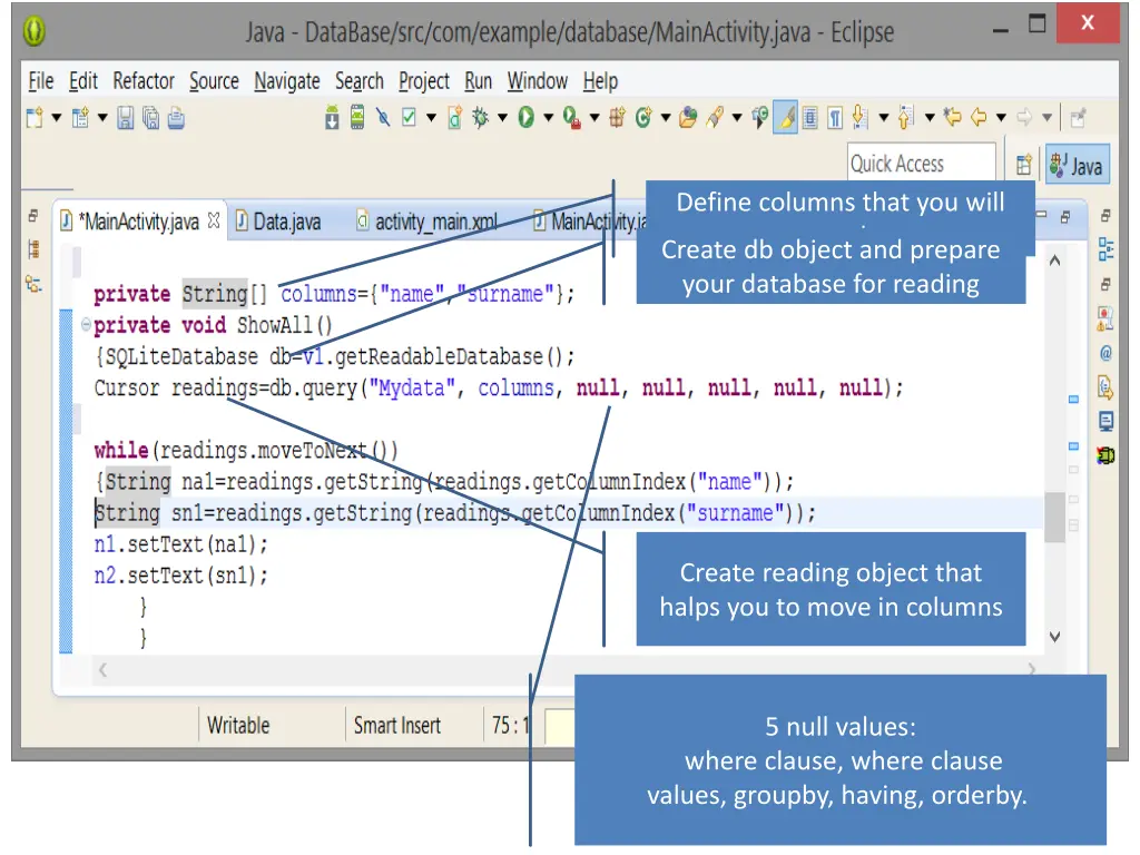 define columns that you will read create