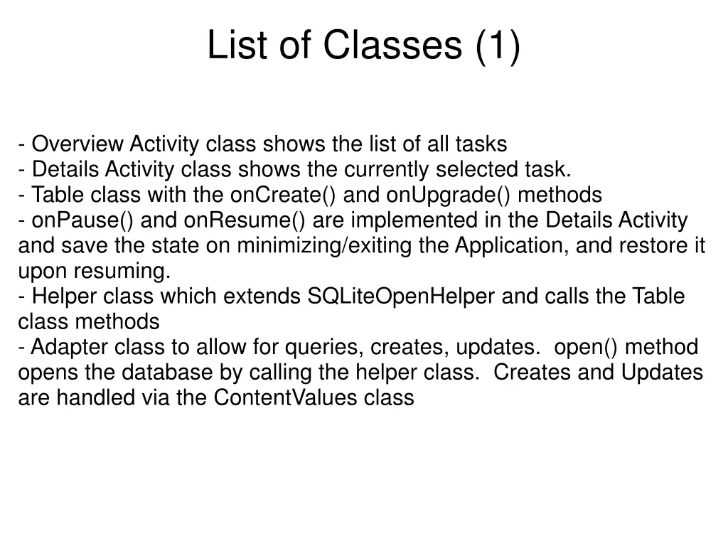 list of classes 1