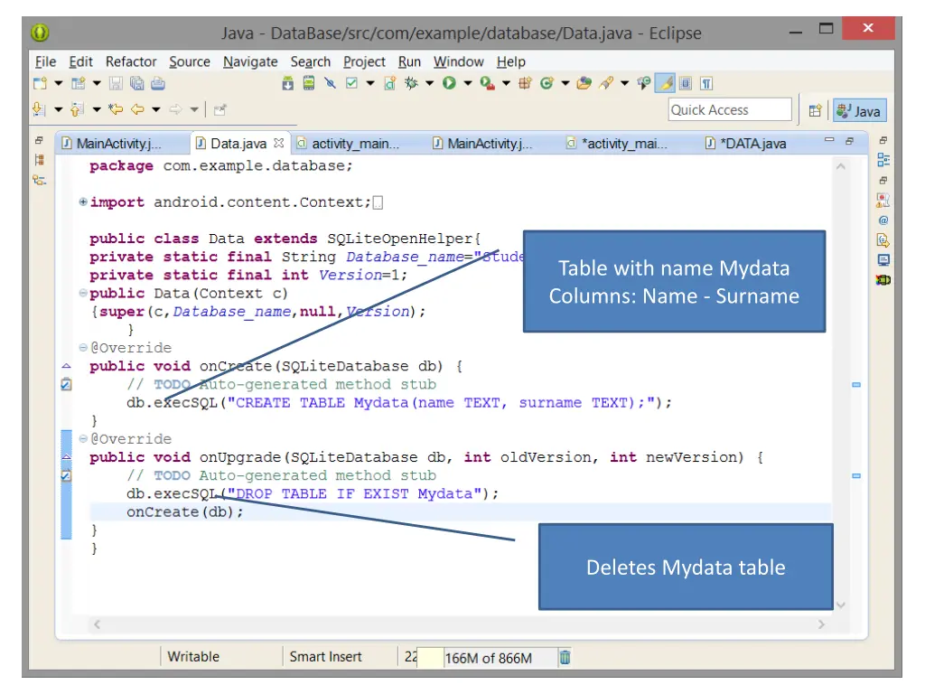 table with name mydata columns name surname