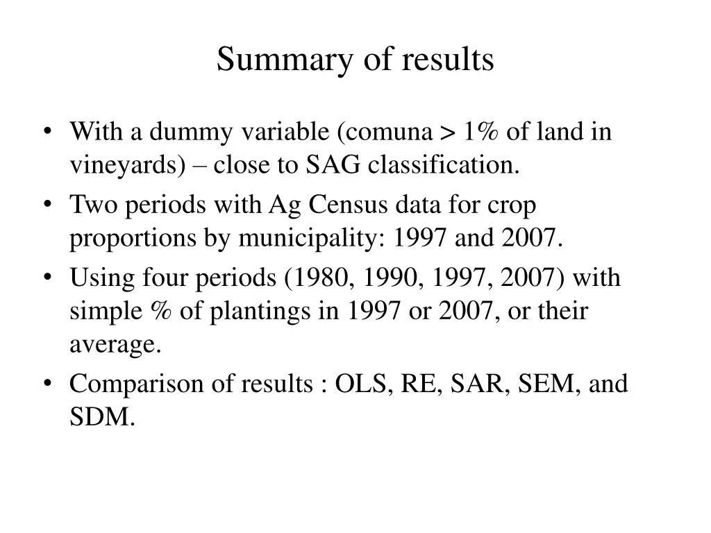 summary of results