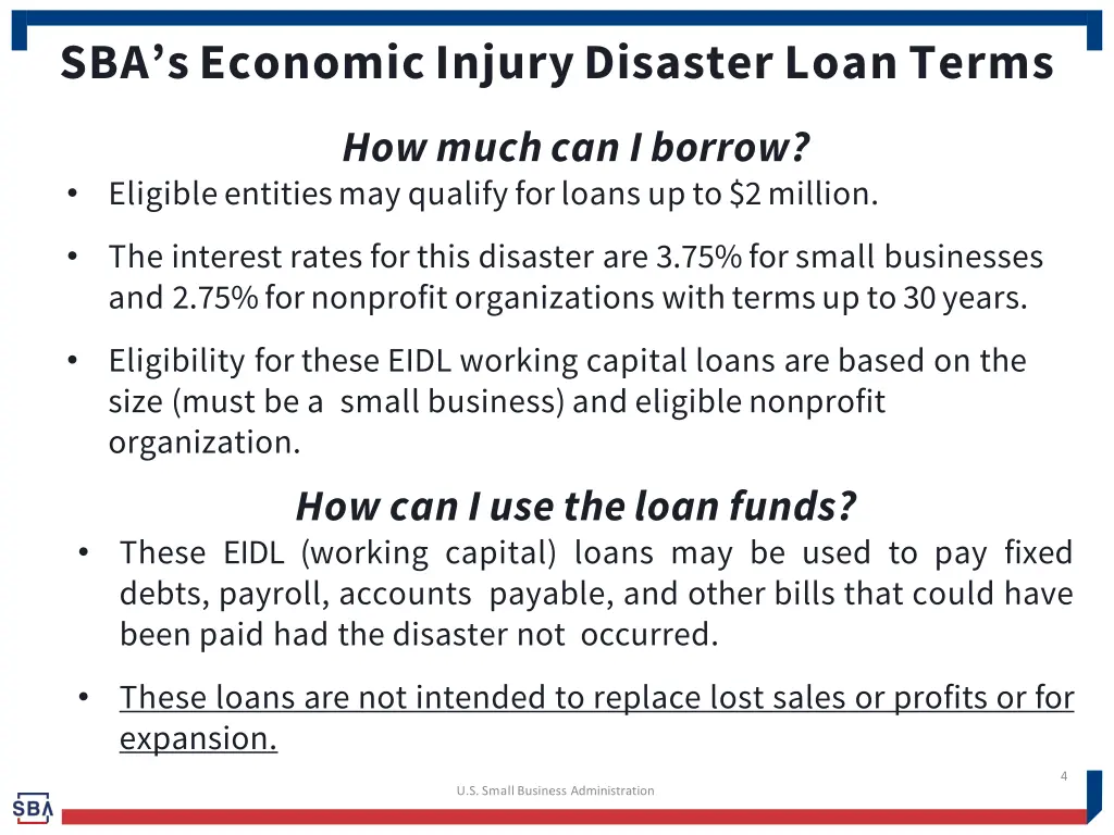 sba s economic injurydisaster loan terms